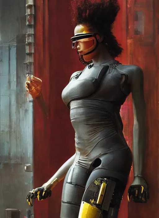 Image similar to Maria Igwe. Beautiful Cyberpunk mechanic with robotic legs. (Cyberpunk 2077, bladerunner 2049). Iranian orientalist portrait by john william waterhouse and Edwin Longsden Long and Theodore Ralli and Nasreddine Dinet, oil on canvas. Cinematic, vivid colors, hyper realism, realistic proportions, dramatic lighting, high detail 4k