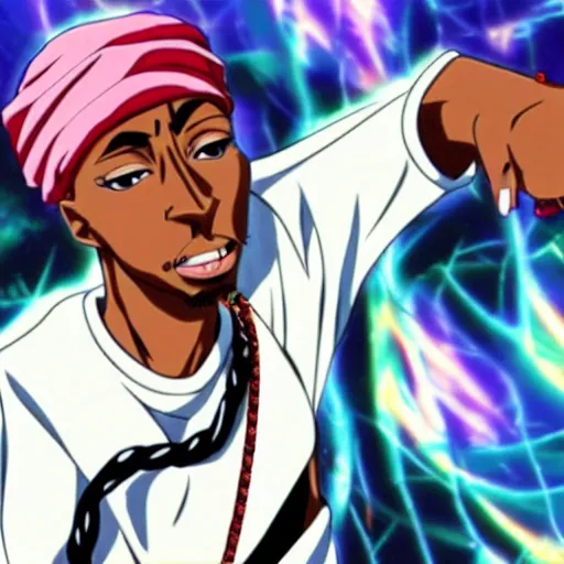 Image similar to Tupac Shakur, screenshot from a 2012s anime