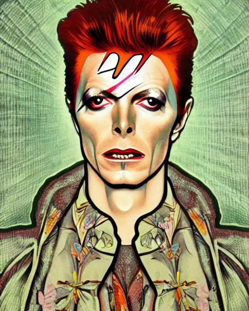 Image similar to a portrait painting of ( ( ( david bowie ) ) ) in the style of alphonse mucha!!!