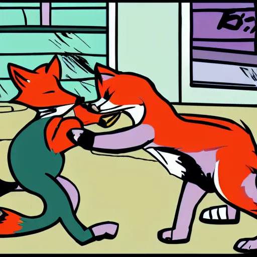 Prompt: foxes are fighting comic