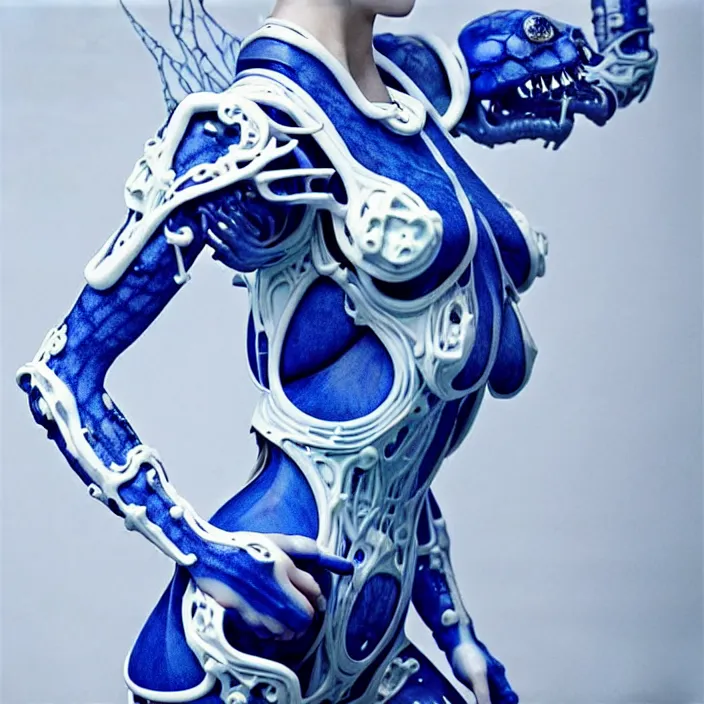 Image similar to porcelain cyborg, Chinese Blue and white porcelain exoskeleton 14th century, diffuse lighting, fantasy, intricate, elegant, highly detailed, lifelike, photorealistic, digital painting, artstation, illustration, concept art, smooth, sharp focus, art by John Collier and Albert Aublet and Krenz Cushart and Artem Demura and Alphonse Mucha