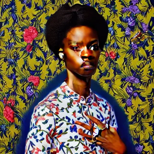 Image similar to A portrait of a skinny stylish and attractive non-binary person, oil painting by Kehinde Wiley, majestic, detailed, high resolution