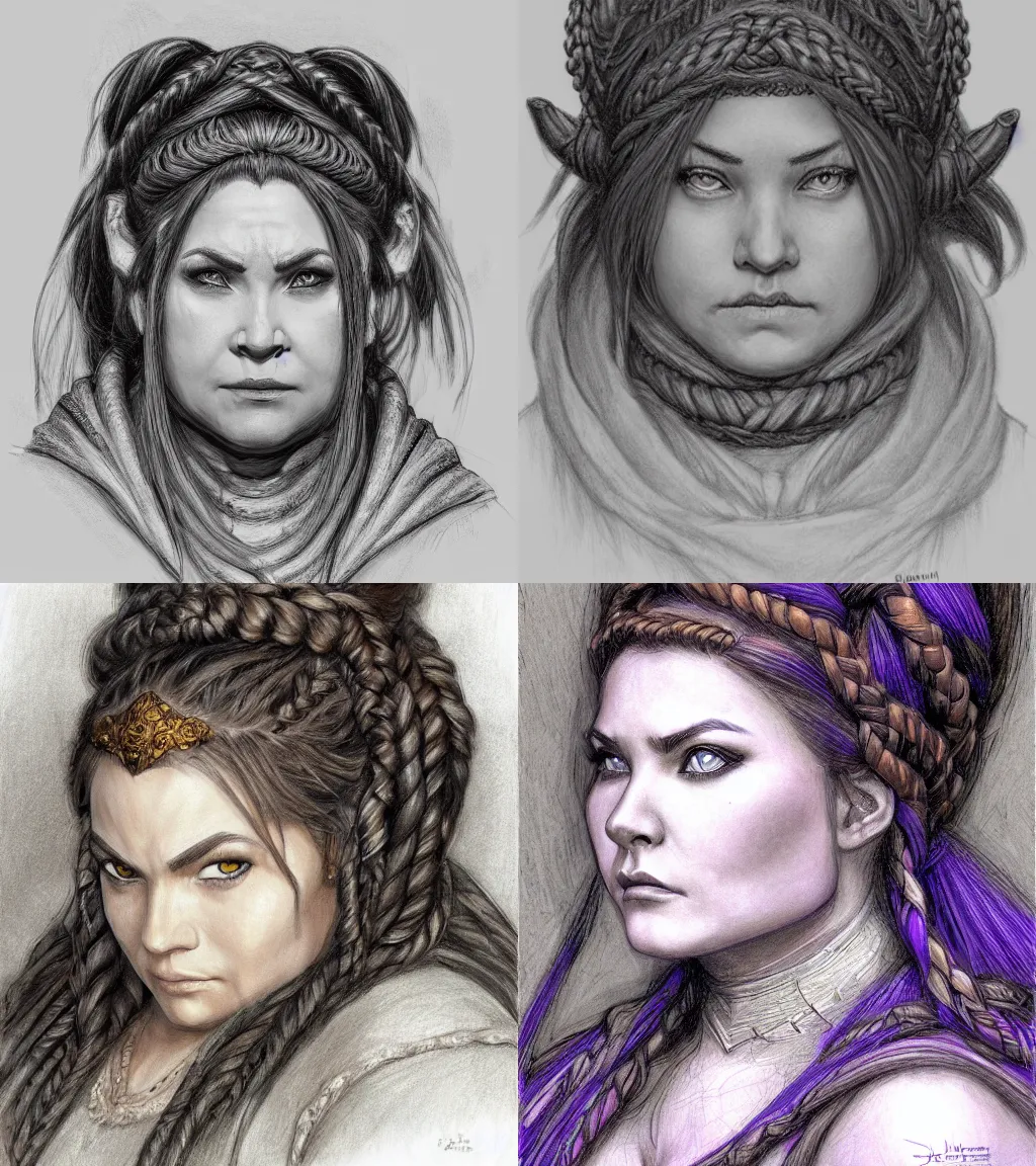 Prompt: plump female dwarven commoner | complex braided hairstyle | pencil sketch | hyperdetailed | donato giancola | bust portrait | warcraft |