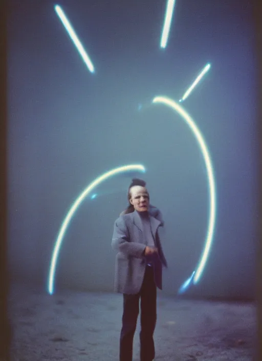 Image similar to realistic photo portrait of a glowing disks flying in a grey sky, covered with tesla electricity 1 9 9 0, life magazine photo, natural colors, museum collection, kodak