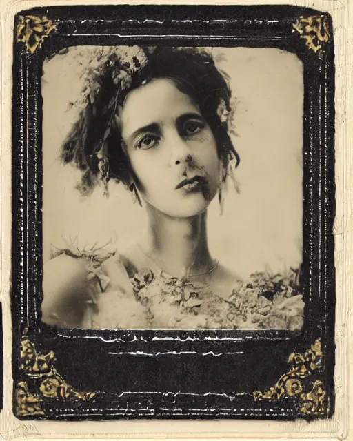 Image similar to a beautiful detailed front view portrait of a dead rotten princess with baroque ornate growing around, flowers, plants, ornamentation, elegant, beautifully soft and dramatic lit, 1 9 1 0 polaroid photo