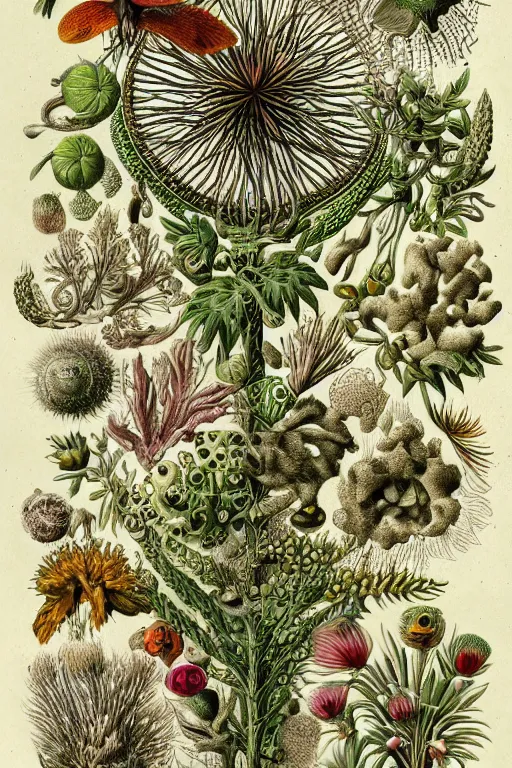 Image similar to an extremely high quality hd, a drawing of a group of plants and animals, an illustration of by earnst haeckel, deviantart, folk art, photoillustration, repeating pattern, woodcut, 8 k, ultra realistic, very realistic