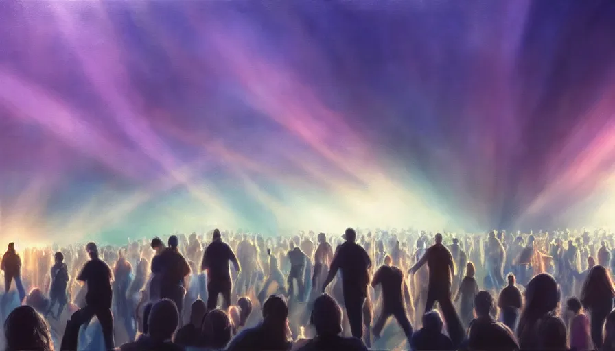 Prompt: painting of a crowd reaching towards the glowing sky, volumetric lighting, nasty, hyperdetailed, realistic