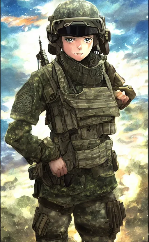 Prompt: girl, trading card front, future soldier clothing, future combat gear, realistic anatomy, war photo, professional, by ufotable anime studio, green screen, volumetric lights, stunning, military camp in the background, metal hard surfaces, real face, combat goggles