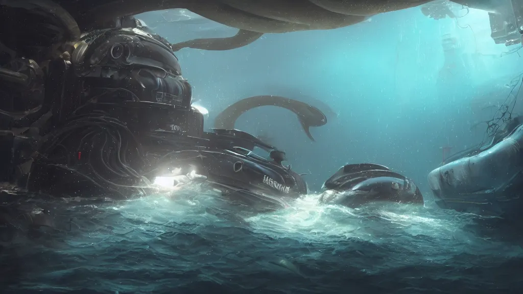 Image similar to a photorealistic hyperrealistic underwater render of a deep sea submersible with bright headlights attacked by a giant squid by greg rutkowski, james paick, wlop, nicolas bouvier sparth, stephan martiniere, dramatic moody lighting, underwater caustics, volumetric, light rays, cinematic atmosphere, octane render, artstation, 8 k