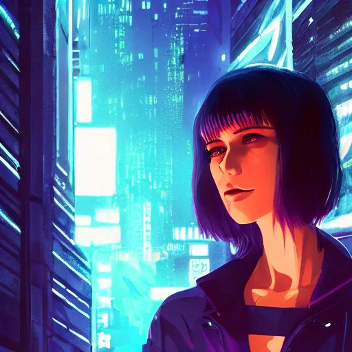 Image similar to portrait of rachael from bladerunner, cyberpunk city background, nighttime, low-key neon lighting, 4k, HQ, official media, anime key visual, makoto shinkai, ilya kuvshinov, lois van baarle, rossdraws, detailed, trending on artstation