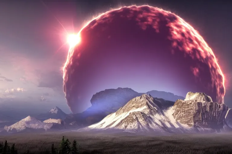 Prompt: surreal nuclear blast eclipse, rocky mountains, highly detailed, photorealistic shot, bright studio setting, studio lighting, crisp quality and light reflections, unreal engine 5, quality render