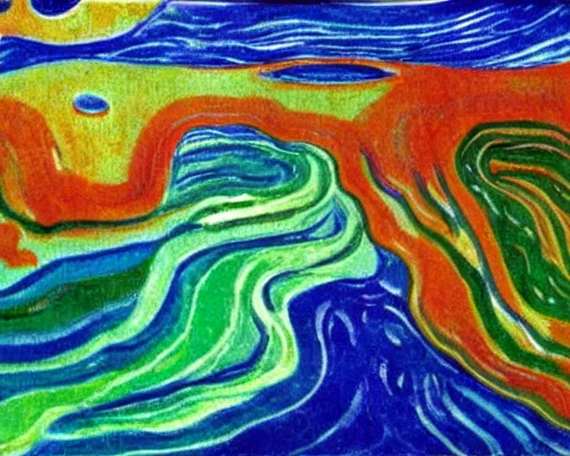 Image similar to Ocean waves in a psychedelic dream world. DMT. Curving rivers. Landscape painting by Edvard Munch. David Hockney.