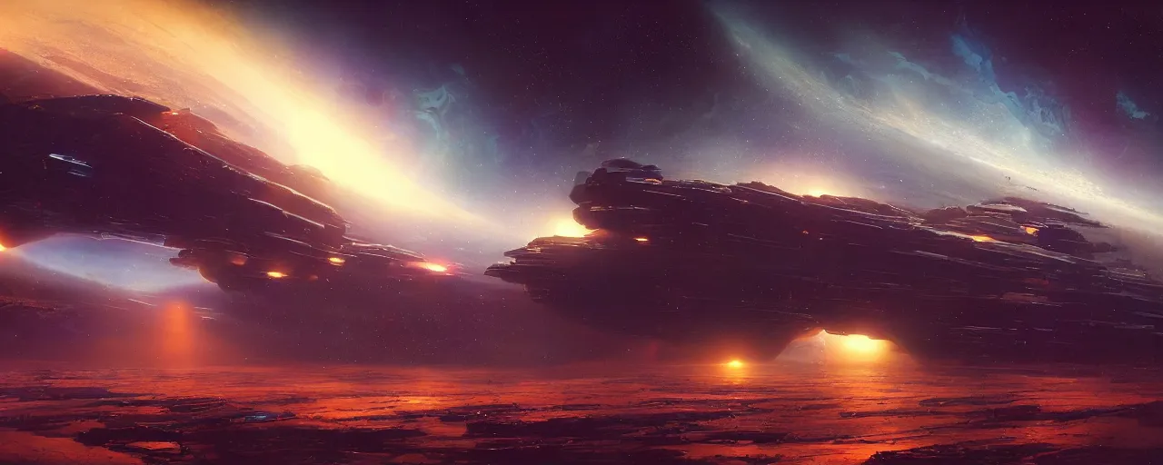 Prompt: cinematic render of atmospheric deep space, homeworld skies, volumetric lighting, john harris, john berkey