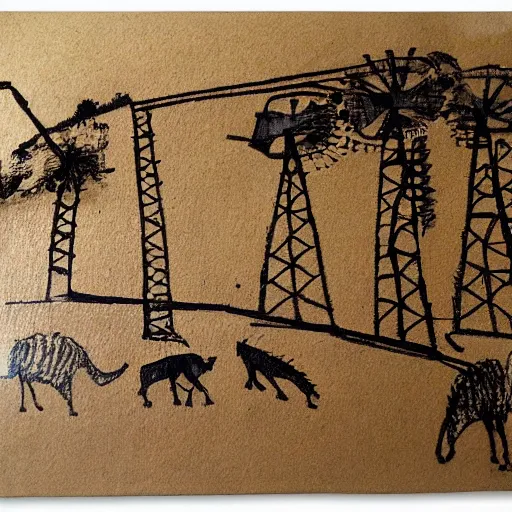 Prompt: cave drawings of an oil rig,