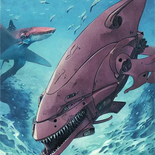 Prompt: aquatic gundam with a shark face, amphibious mobile suit by wayne barlowe, pascal blanche, victo ngai