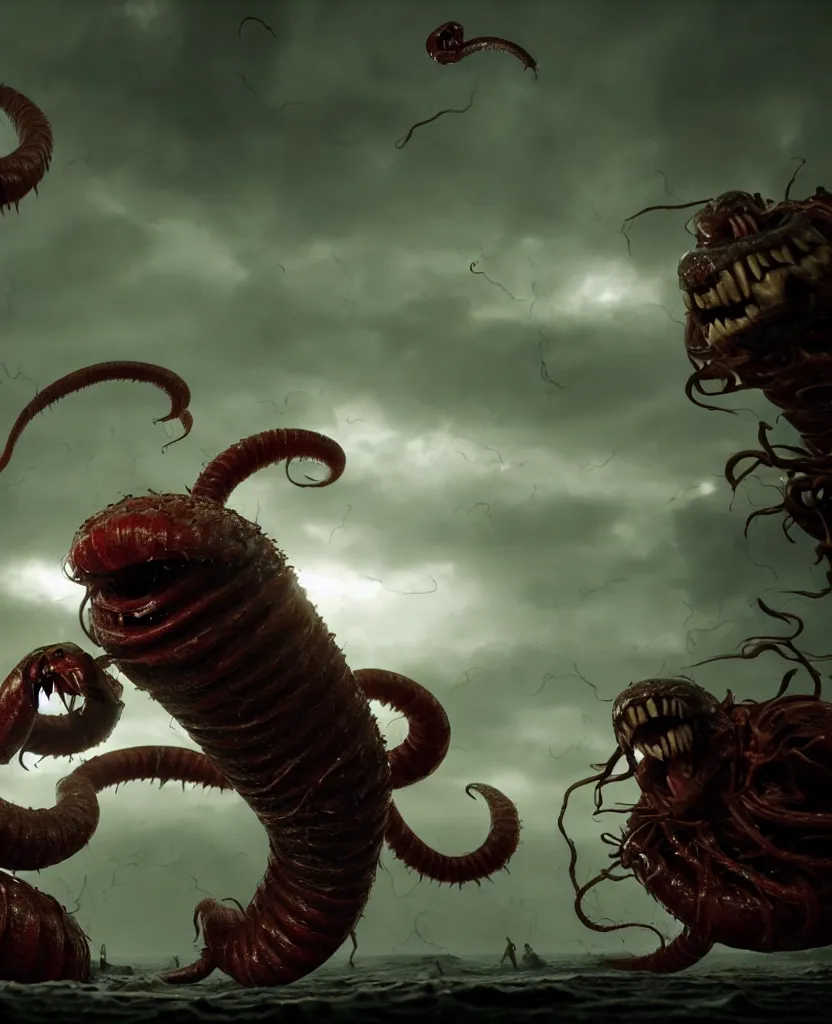 Image similar to pirates fighting giant screaming worm, cinematic atmosphere, maximized, high detail, 8k, ornate, dark fantasy, masterpiece, complex, film still from the movie directed by Denis Villeneuve