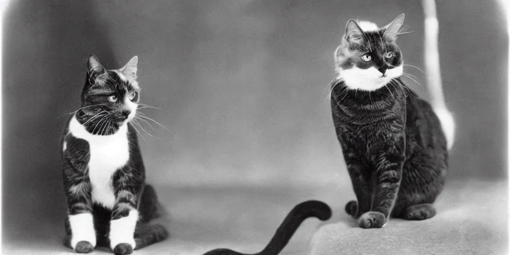 Image similar to an old black and white vintage film photo from 1890, a Tec support cat, funny, silly,