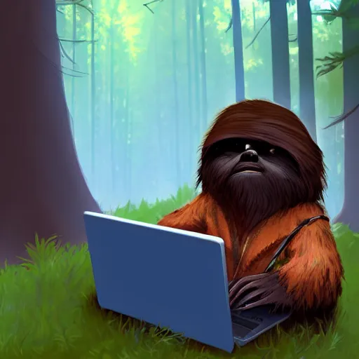 Image similar to studious ewok typing on a computer in the forest, artstation, colorful