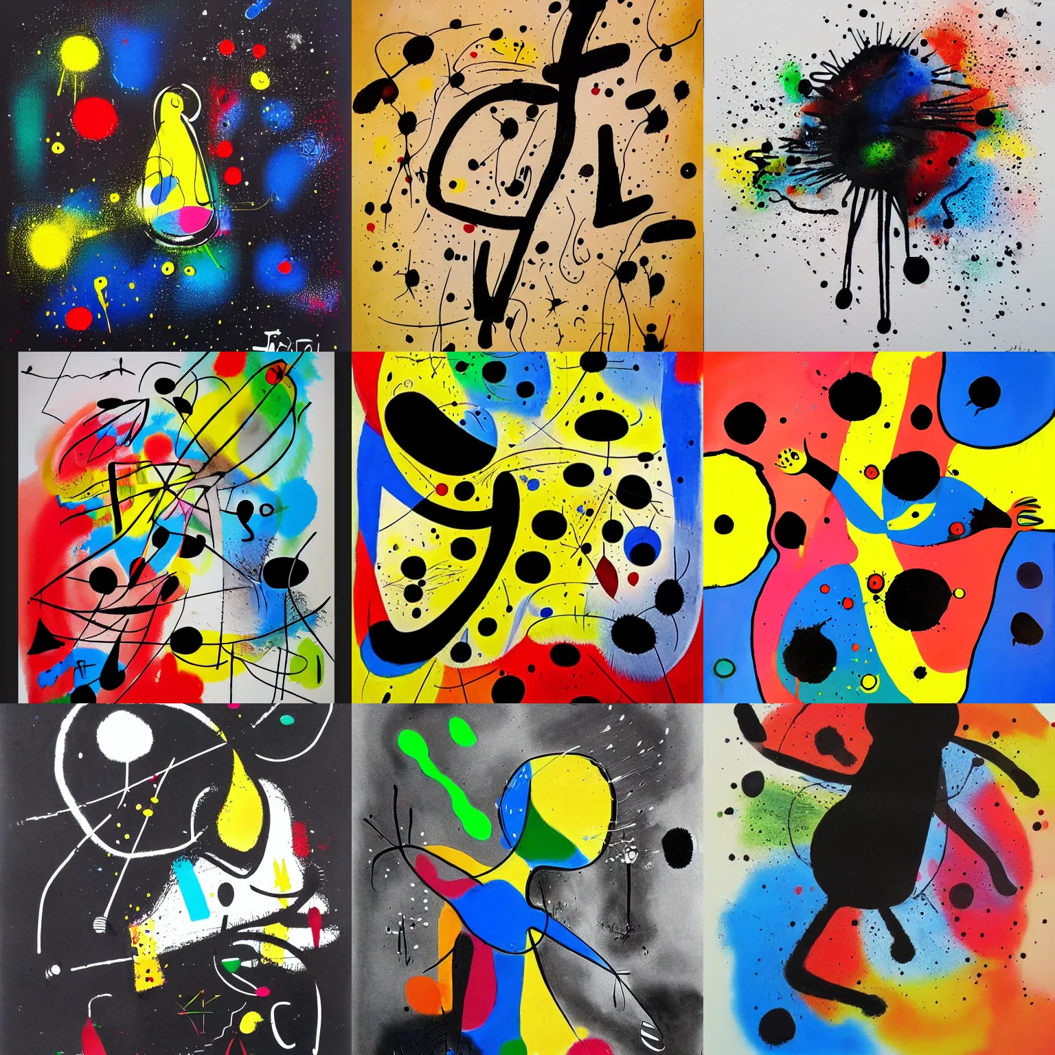 Prompt: masterpiece, artwork by joan miro, trending on ArtStation, ink splatters, pen lines, incredible detail, creative, positive energy, happy, unique, negative space, black background