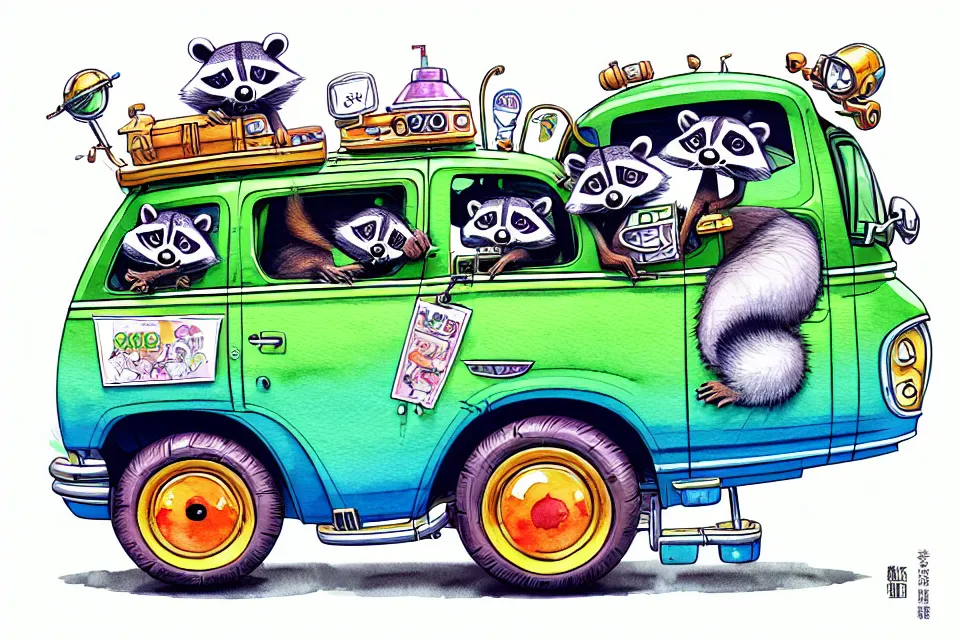 Image similar to cute and funny, racoon wearing a helmet riding in a mystery machine van, ratfink style by ed roth, centered award winning watercolor pen illustration, isometric illustration by chihiro iwasaki, edited by range murata, tiny details by artgerm and watercolor girl, symmetrically isometrically centered, sharply focused