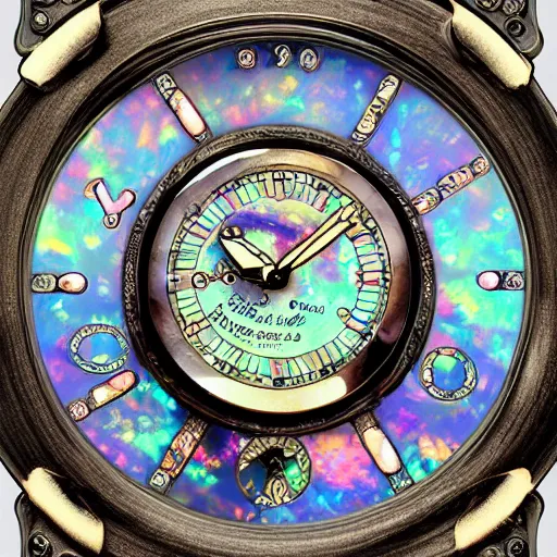 Image similar to detailed illustration of celestial watch from the far future with infinite dials, mother of pearl opal, year 2 5 0 0, style of norman rockwell