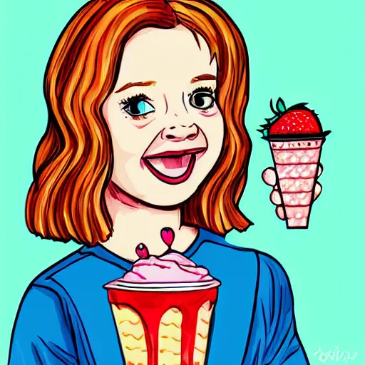 Prompt: strawberry blonde haired girl eats pink ice cream, cute, digital art, pop art