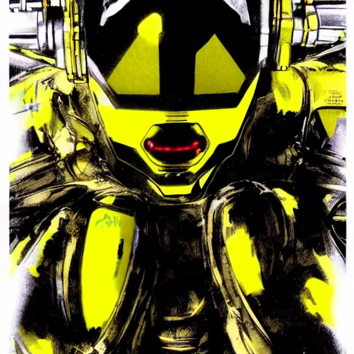 Image similar to portrait of the full-metal kerberos robot Sirius in electrical wired neon yellow-noir outfit, illustration by Yoji Shinkawa, Artgerm, Esao Andrews and Yoshitaka Amano
