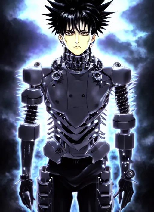 Image similar to a detailed manga full body portrait illustration of a dark spiky haired cyborg anime man surrounded by dark steam by hirohiko araki, detailed artwork, realism, 4 k resolution, detailed, high quality, sharp focus, hq artwork, insane detail, volumetric lighting, character concept art, fine details, clear subject, central subject