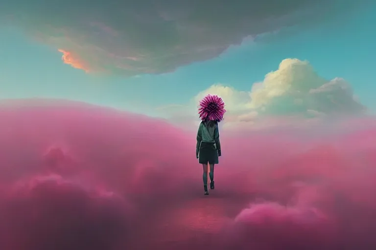 Image similar to giant dahlia flower on head, girl walking on mountain, surreal photography, pink storm clouds, dramatic light, impressionist painting, digital painting, artstation, simon stalenhag