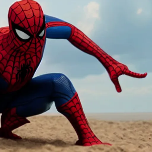 Image similar to cinematic scene of Spiderman slowly becoming sand , shocking