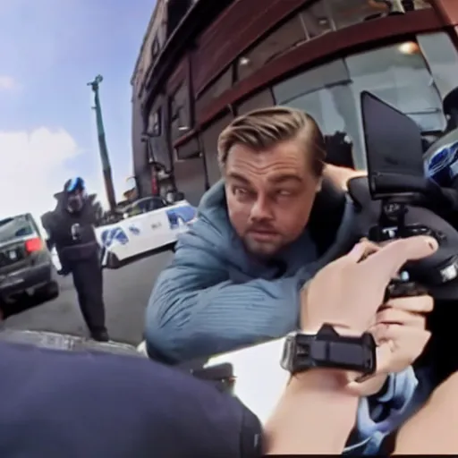 Prompt: bodycam photo of leonardo dicaprio robbing a police officer, wide angle, fisheye, uhd, 8 k, bodycam, award winning,