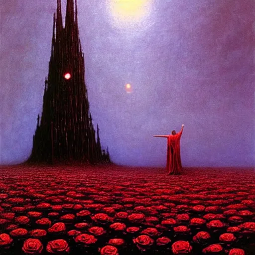 Image similar to the dark tower in a field of roses, surrealism, cosmic western, masterpiece oil painting, beksinski, barlowe