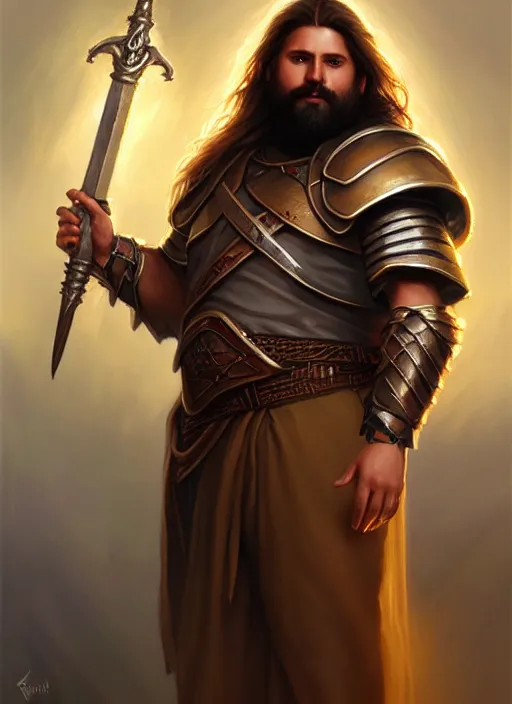 Image similar to a _ fantasy _ style _ portrait _ painting _ of light brown male holy paladin with long wavy brown hair chubby and beard, hammer weapon, rpg dnd oil _ painting _ unreal _ 5 _ daz. _ rpg _ portrait _ extremely _ detailed _ artgerm _ greg _ rutkowski _ greg