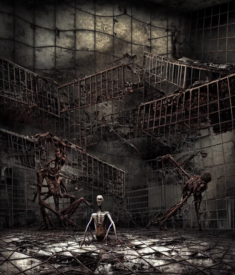 Prompt: Creepy huge suffering humanoid with long limbs sits on the floor and looks at the old TV. An underground very dark gloomy multi-layered structure of rusty thick iron grates, dense chain-link fencing and peeling walls. Inside view, collapsed floors, bent rusted iron, masterpiece, black background, corners, cinematic, hyperdetailed, photorealistic, hyperrealism, octane render, 8k, depth of field, bokeh, architecture, shadows, art by Zdzisław Beksiński, Dariusz Zawadzki