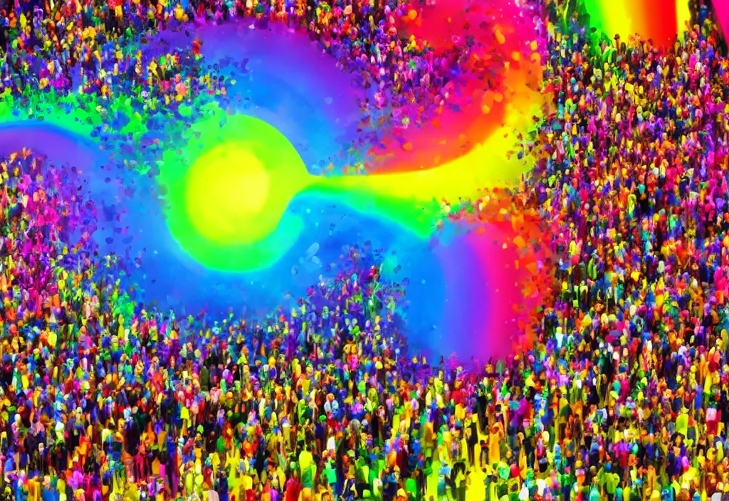 Image similar to people cowering in fear from the limitless creativity monster, rainbow colorful, hd rendering