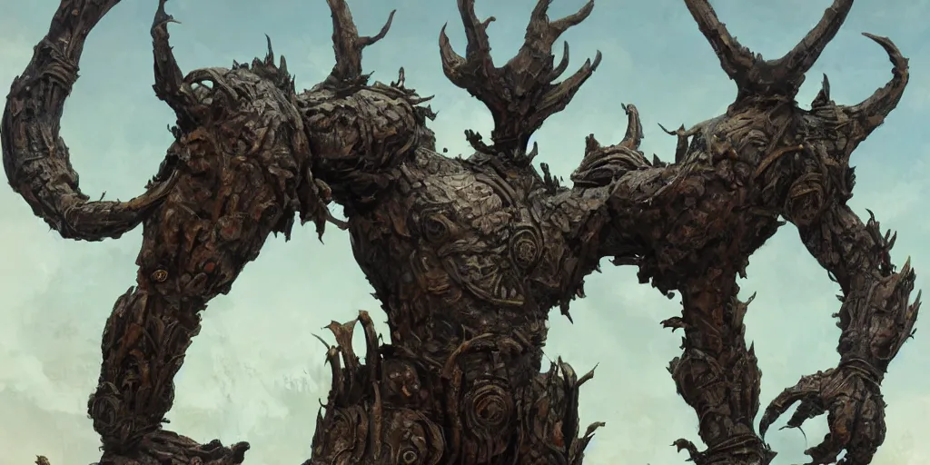 Image similar to Rusty Bronze four armed statue like colossus, character design sheet, Monster Hunter Illustrations art book, giant, trees growing on its body, enormous hands, long limbs, horns on its head, bright pale blue eyes, Moebius, Greg Rutkowski, Zabrocki, Karlkka, Jayison Devadas, Phuoc Quan, trending on Artstation, 8K, ultra wide angle, zenith view, pincushion lens effect.