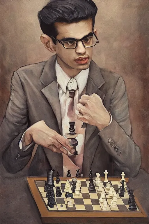 Image similar to a painting of anish giri as chess theoretician pondering over a chess board, a surrealist painting by james jean, trending on cgsociety, pop surrealism, androgynous, grotesque, angular