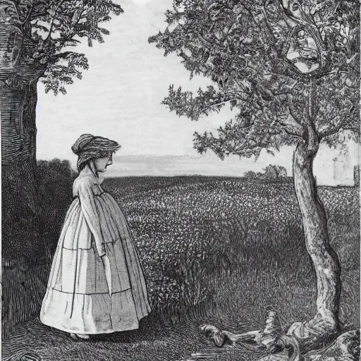 Prompt: girl in a cotton dress. an apple tree. folk. thomas hardy tess of the d'urbervilles. pastoral. folk