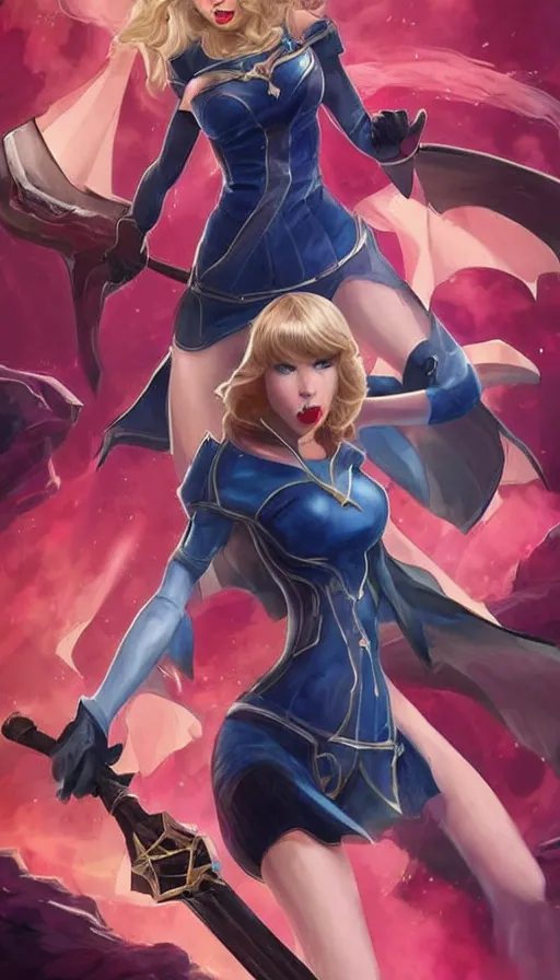 Image similar to taylor swift as a hero similar to seraphine from league of legends with a microphone in her hand as her weapon drawn in a 2 0 0 0 s cartoon on a saturday morning style, high quality, very well proportioned silhouette, contemporary art, taylor swift face