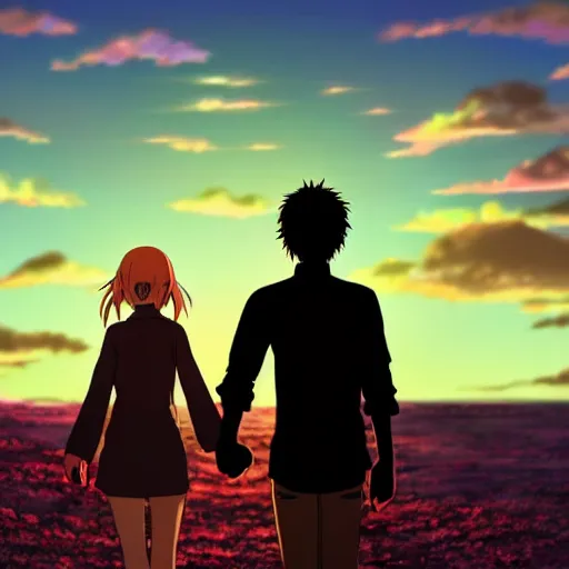 Image similar to lovers holding hands walking into the sunset in style of Makoto Shinkai