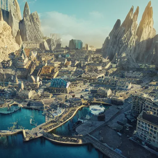 Image similar to a golden fantasy luxurious city with cerulean oceansides, scandinavian / norse influenced, cinematic, ray traced, octane render, cinematic lighting, ultrarealistic, featured on artstation, 8 k uhd artwork