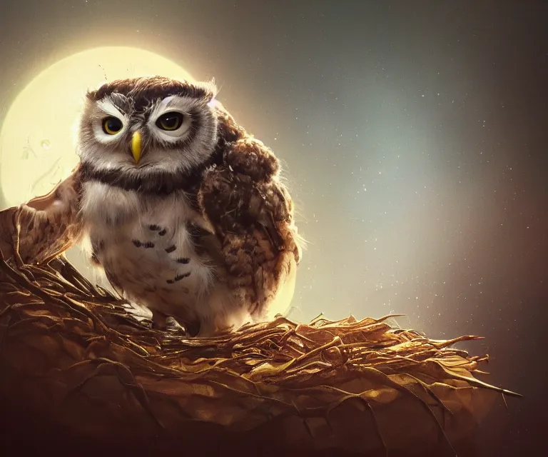 Image similar to long shot of a very cute owl chick nesting in a very futuristic cup, esao andrews, humorous illustration, hyperrealistic, big depth of field, warm colors, night scenery, low light, 3 d octane render, 4 k, conceptart, hyperdetailed, hyperrealistic, trending on artstation