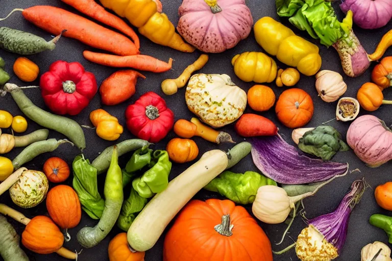 Prompt: magazine quality photo shoot of beautifully displayed fall vegetables