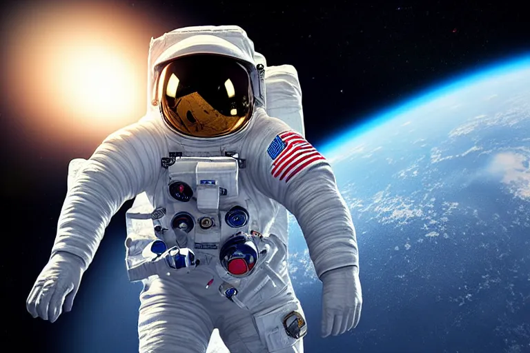 Image similar to astronaut in space wearing a spacesuit floating, earth in background, highly detailed, photorealistic portrait, bright studio setting, studio lighting, crisp quality and light reflections, unreal engine 5 quality render