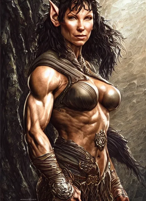 Prompt: very muscled Amazon elf Evangeline Lilly as a ruggedly mean looking heroine, intricate, elegant, highly detailed, centered, digital painting, artstation, concept art, smooth, sharp focus, illustration, art by artgerm and donato giancola and Joseph Christian Leyendecker, WLOP