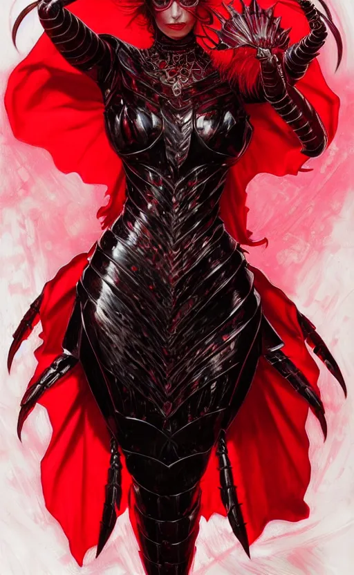 Image similar to Gothic crustacean warrior queen in red and black chitin armor, fantasy, highly detailed, digital painting, artstation, concept art, smooth, sharp focus, illustration, art by artgerm and greg rutkowski and alphonse mucha