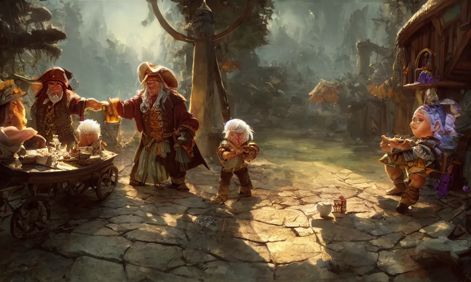 Prompt: a white haired dwarf and a pirate halfling gambling with dice near a creak and wagon, illustration by craig mullins, wlop, highly detailed, colorful, unreal engine, octane render, dramatic lighting, cinematic composition, wide shot