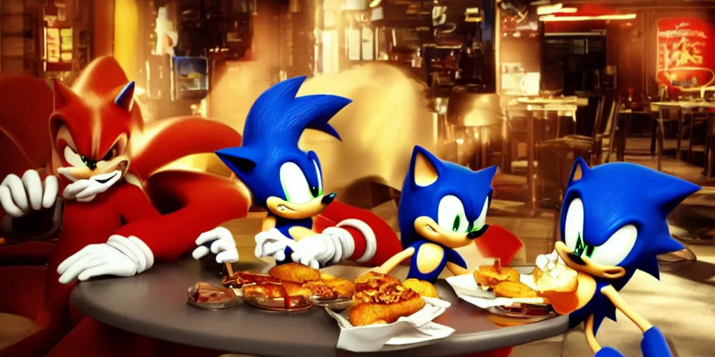 Prompt: A render of Sonic the Hedgehog sitting across from Shadow the Hedgehog at a restaurant, Sonic looks like he is shocked, Shadow is looking away in disgust, they both have hamburgers in front of them on a plate, movie, HDR, moody lighting, unique camera angle from the end of the table and between them