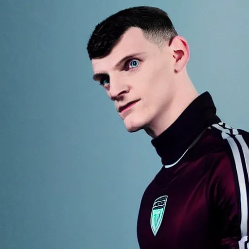 Image similar to “a realistic detailed photo of a guy who is an attractive humanoid who is half robot and half humanoid, who is a male android, Declan Rice, shiny skin”