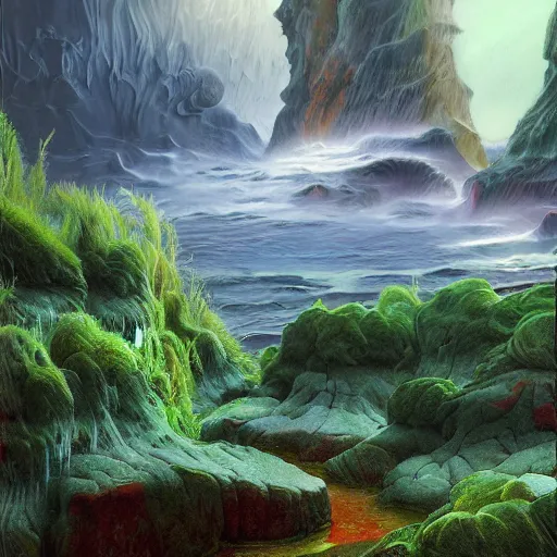 Image similar to digital painting of a lush wet natural scene on an alien planet by gerald brom. digital render. detailed. beautiful landscape. colourful weird vegetation. cliffs.